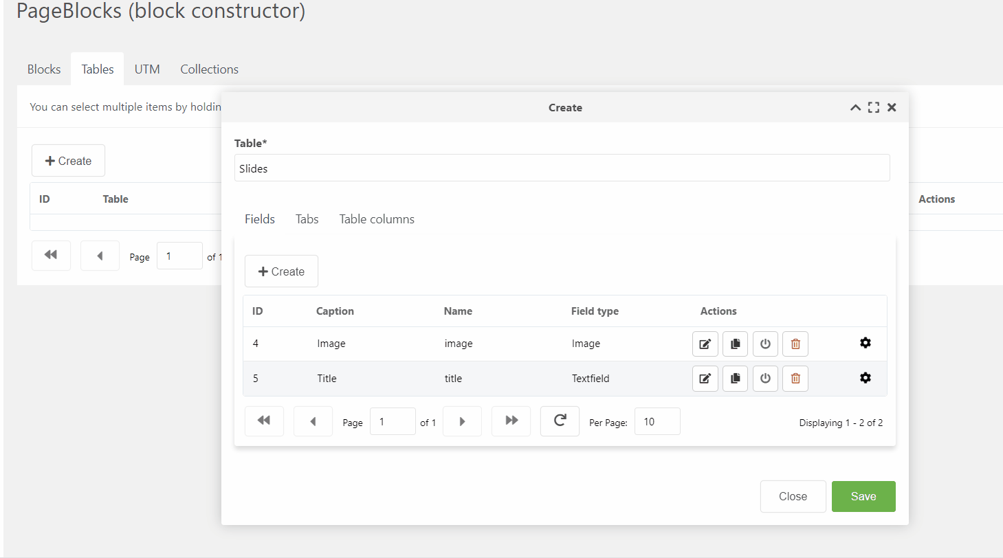 Create table columns